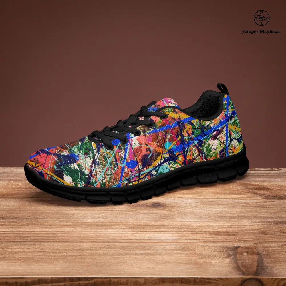 Deep Dimensions athletic sneaker by Jumper Maybach for men and women, stylish black and white JetPrint Fulfillment sneakers.