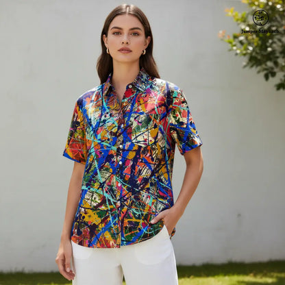 Deep Dimensions Resort unisex shirt by Jumper Maybach, stylish men's clothing in vibrant, patterned fabric.