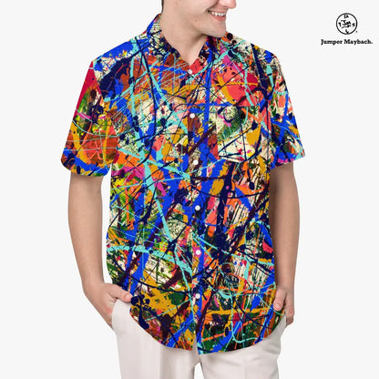 Deep Dimensions Resort unisex shirt by Jumper Maybach, stylish men's clothing with vibrant design, displayed on a hanger.