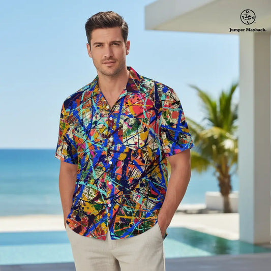 Deep Dimensions Resort unisex shirt by Jumper Maybach® featuring vibrant tropical print, casual men's clothing style.
