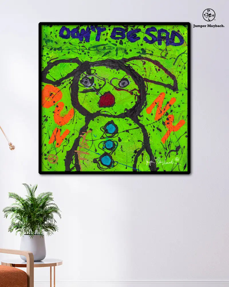 Print of Don't Be Sad Bunny by Jumper Maybach on paper, featuring a cute bunny illustration in vibrant colors.