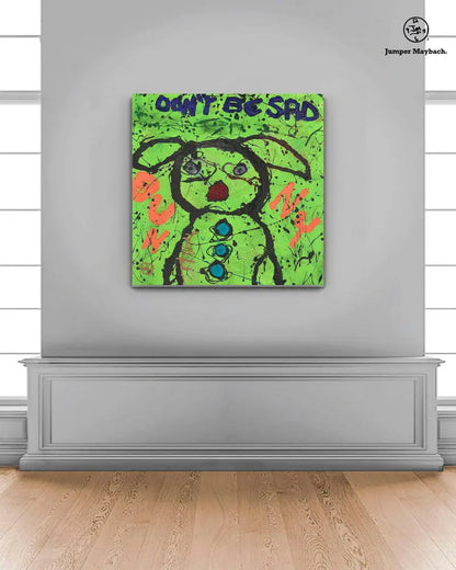Original artwork of a cute bunny with a sad expression by Jumper Maybach, titled "Don't Be Sad Bunny," featuring vibrant colors.