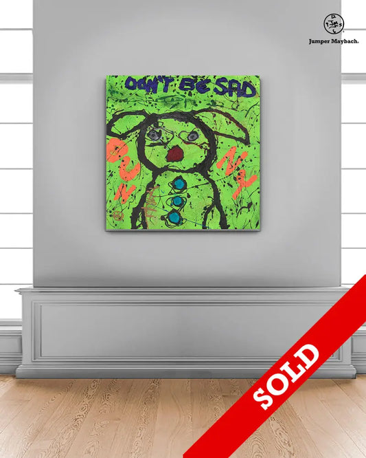 Original artwork of a don't be sad bunny by Jumper Maybach, featuring a colorful vignette-style painting of a cute bunny.