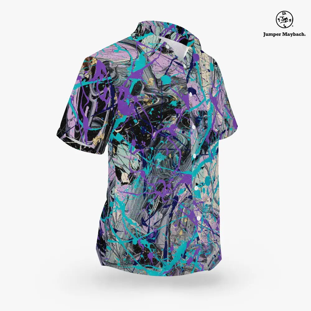 Unisex Dream Dimension Resort shirt by Jumper Maybach®, stylish men's clothing with vibrant print, displayed on a hanger.