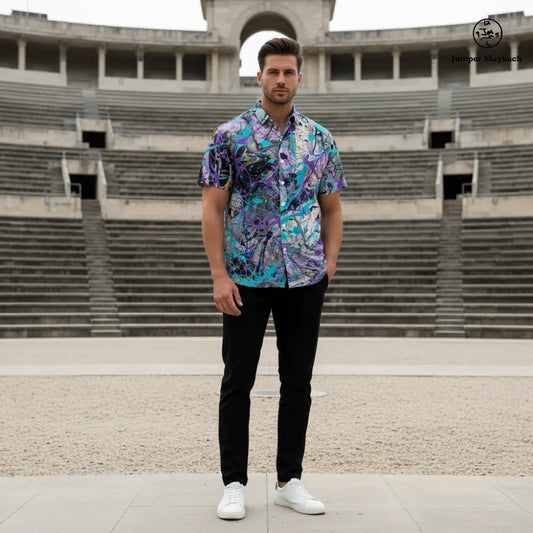 Unisex Dream Dimension Resort shirt by Jumper Maybach in men's clothing, featuring vibrant, surreal graphic design.