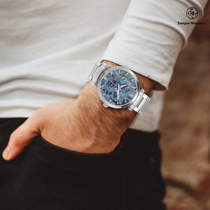 JetPrint Fulfillment Dream Dimension Steel Strap Automatic Watch with indicators, featuring a sleek stainless steel band and detailed dial.