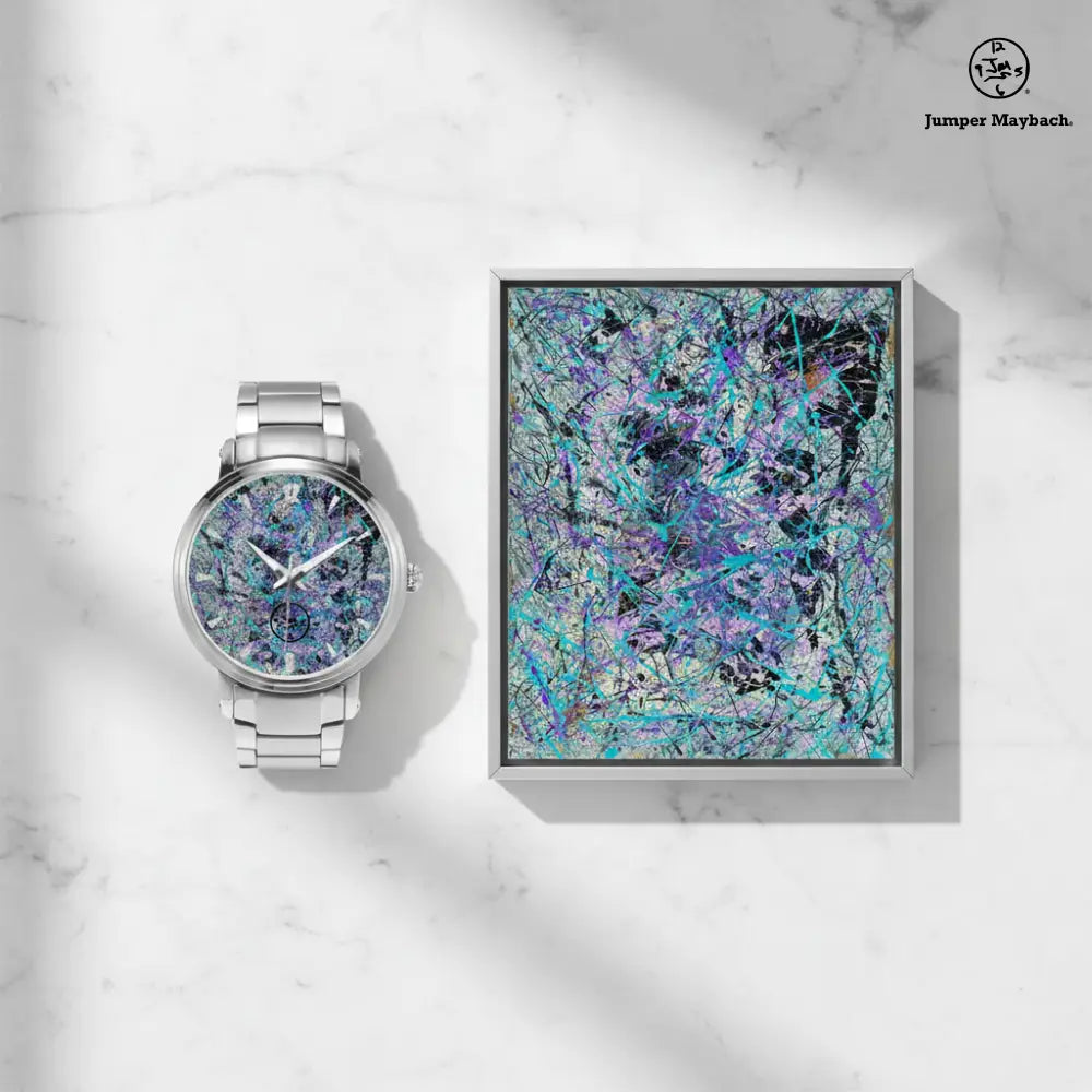 Dream Dimension steel strap automatic watch with indicators by Jumper Maybach® displayed in flat lay.