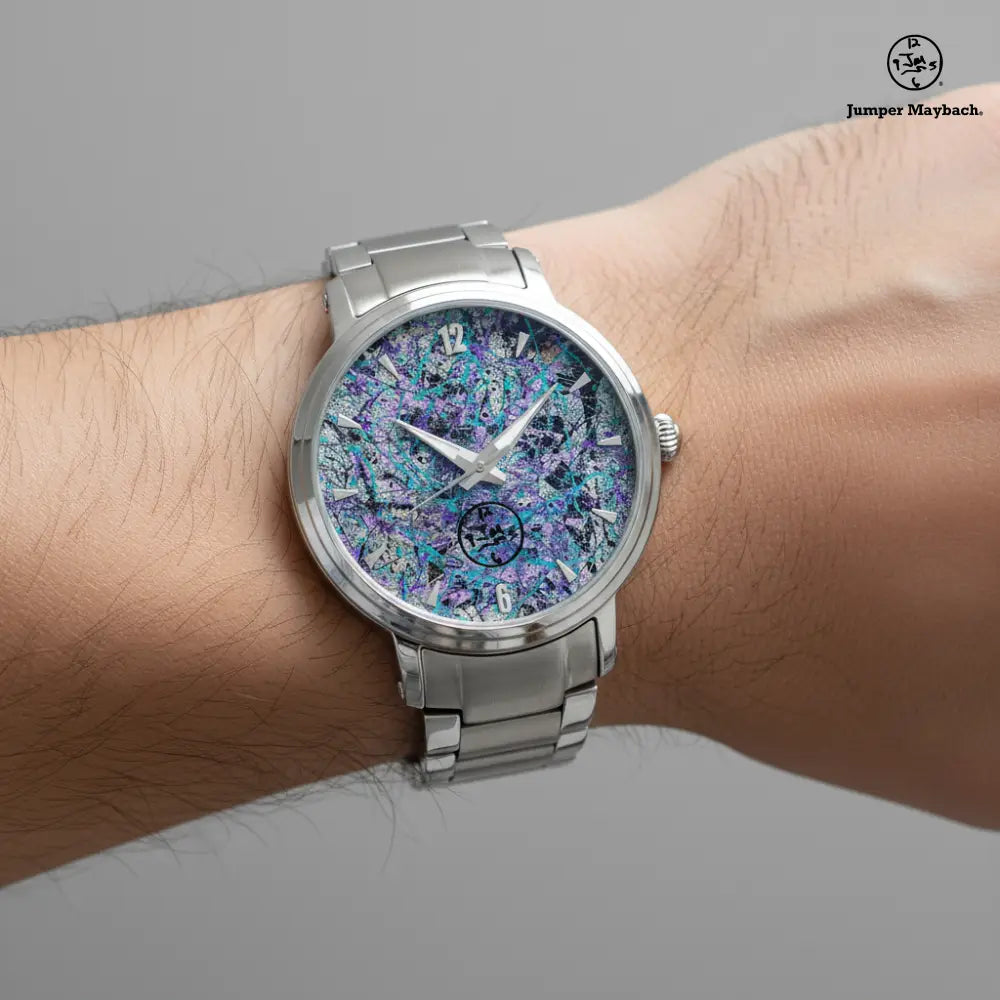 Close-up of Dream Dimension Steel Strap Automatic Watch by Jumper Maybach® showing sleek design with time indicators on the wrist.