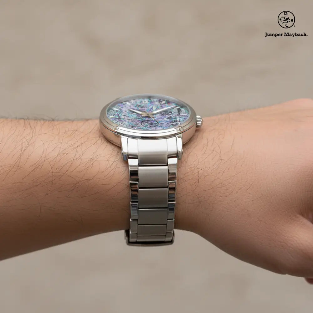 Side profile of Dream Dimension Steel Strap Automatic Watch by Jumper Maybach®, featuring a sleek stainless steel band and time indicators.