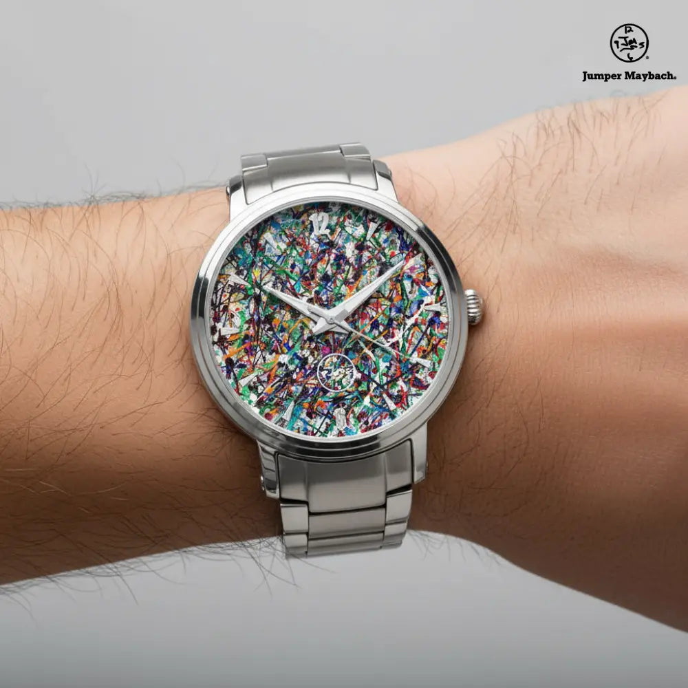 Close-up of the Endless Asteroid Playground Steel Strap Automatic Watch by Jumper Maybach® on a wrist, showing the detailed watch face and strap.