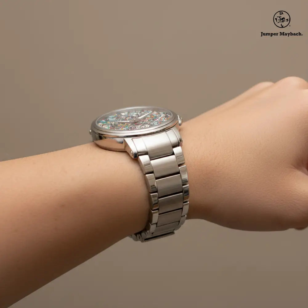 Side profile of JetPrint Fulfillment Endless Asteroid Playground steel strap watch by Jumper Maybach®, featuring indicators on a sleek design.