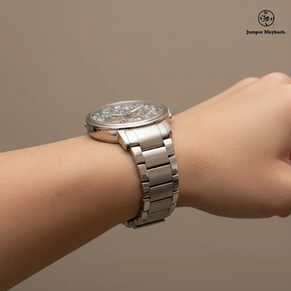 Side profile of JetPrint Fulfillment Endless Asteroid Playground steel strap watch by Jumper Maybach®, featuring indicators on a sleek design.