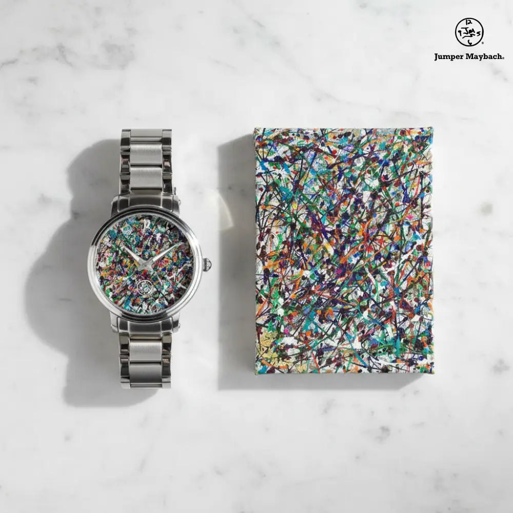 Flat lay of Endless Asteroid Playground steel strap watch by Jumper Maybach®, featuring indicators and sleek design.