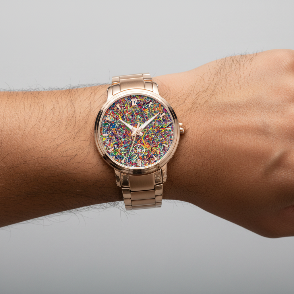 Wrist wearing a watch with a colorful face on a gray background