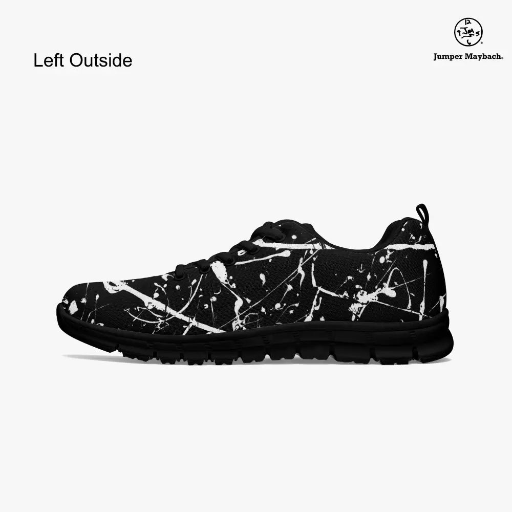 Aliens on the Moon athletic sneakers by Jumper Maybach, featuring space-themed design, in black and white with lunar and alien graphics.