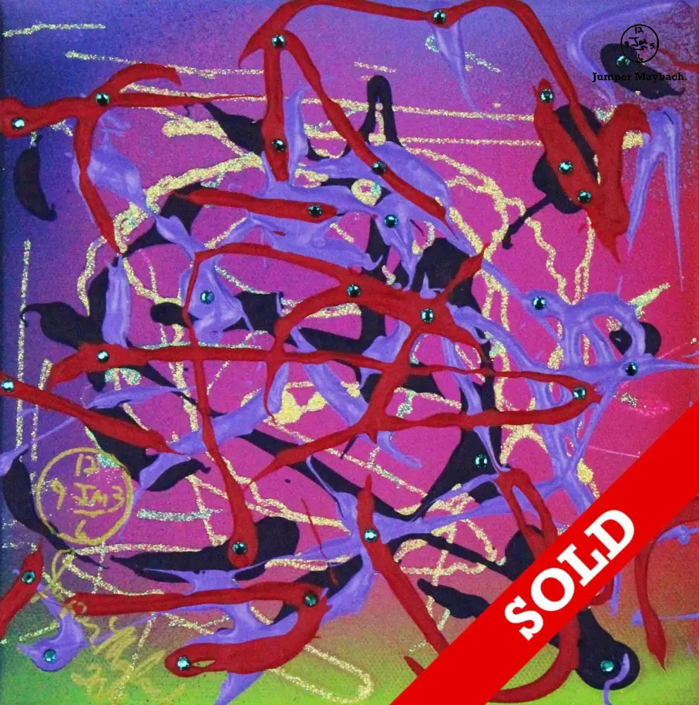 Original artwork by Jumper Maybach featuring vibrant flamingos in flight on an 8x8 canvas, showcasing colorful bird imagery.