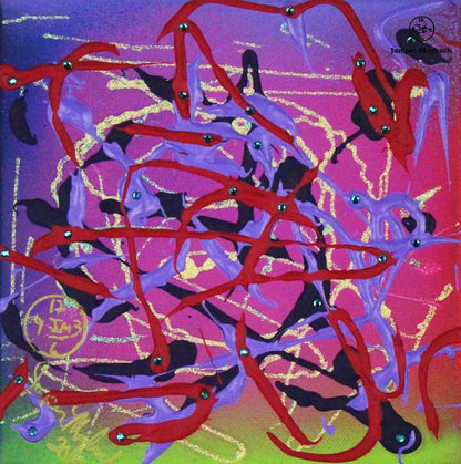 Original artwork titled Flamingos in Flight by Jumper Maybach, featuring vibrant flamingos in mid-flight on an 8x8 canvas.