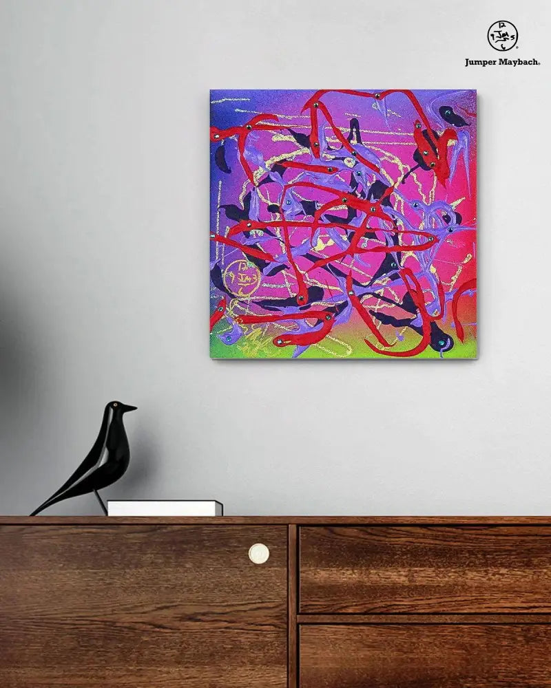 Original artwork by Jumper Maybach featuring flamingos in flight with vibrant colors in a vignette style image.