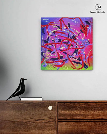 Original artwork by Jumper Maybach featuring flamingos in flight with vibrant colors in a vignette style image.