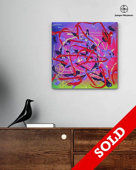 Original Jumper Maybach artwork featuring vibrant flamingos in flight, displayed in a vignette style.