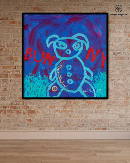 Colorful Go Go Bunny print by Jumper Maybach on paper, featuring vibrant bunny illustration in a 20x20 inch print.