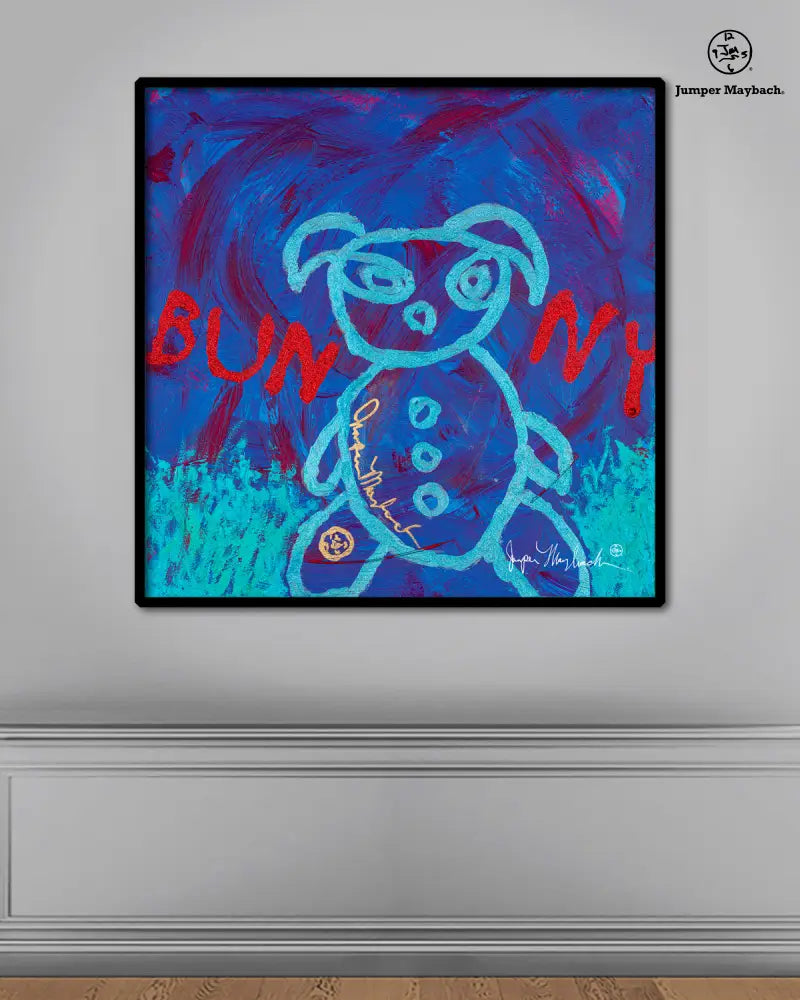 Go Go Bunny print by Jumper Maybach on paper, featuring a whimsical bunny design in vibrant colors and artistic style.