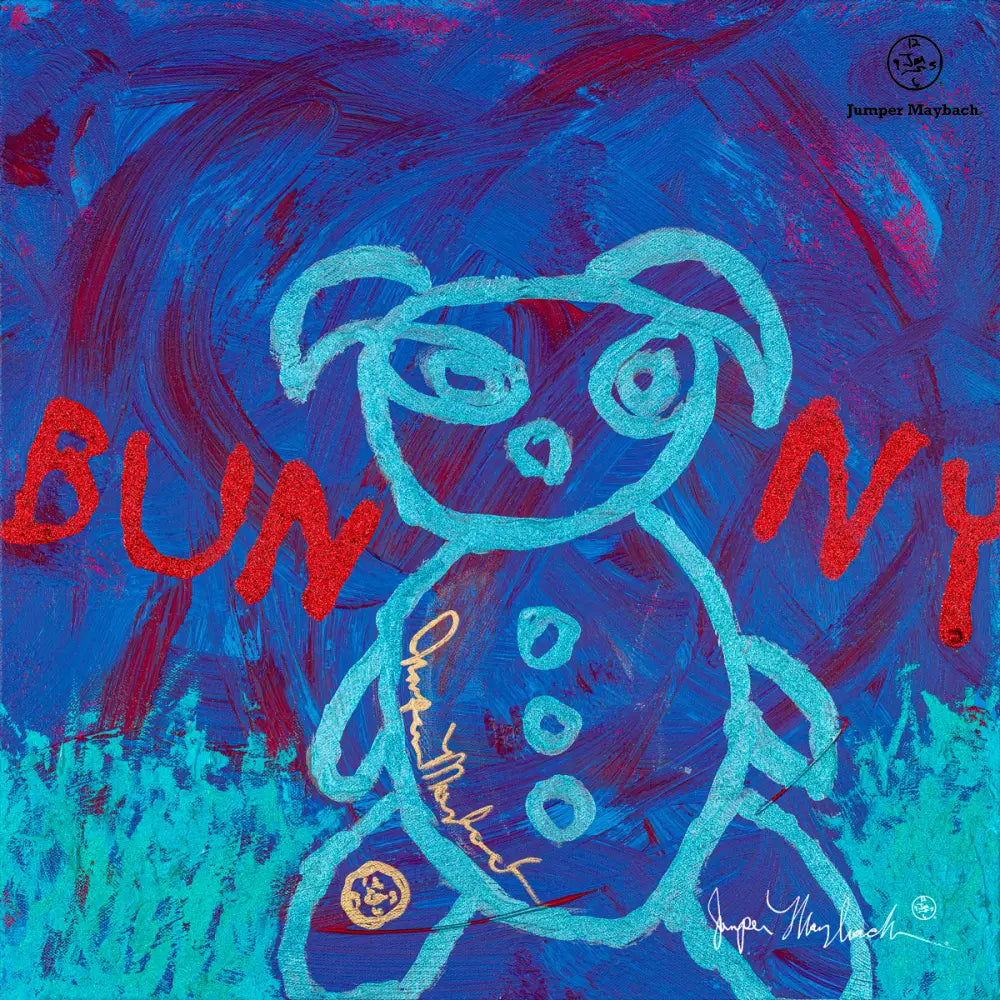 Colorful Go Go Bunny print on paper by Jumper Maybach, featuring vibrant bunny artwork in a 20x20 inch size.