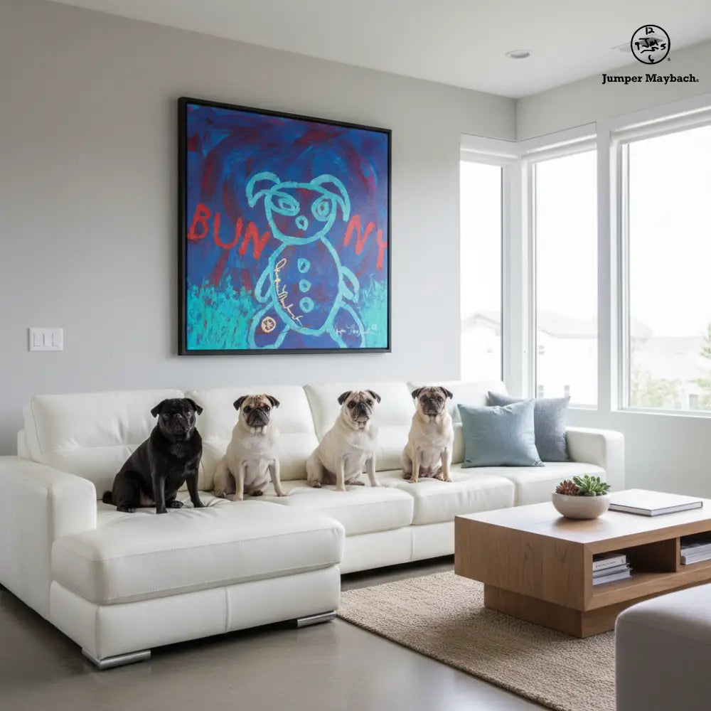 Colorful Go Go Bunny print on paper by Jumper Maybach featuring a playful bunny character on a white background.
