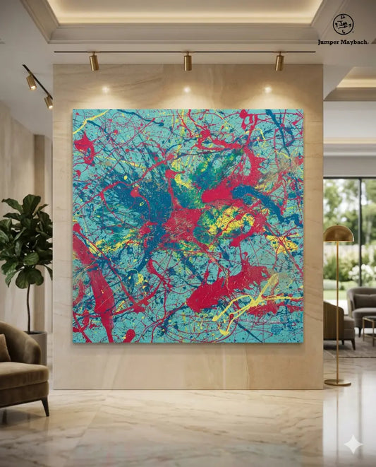 Vignette print on canvas titled Gravity Dance by Jumper Maybach, featuring abstract, flowing artwork with vibrant colors and dynamic movement.