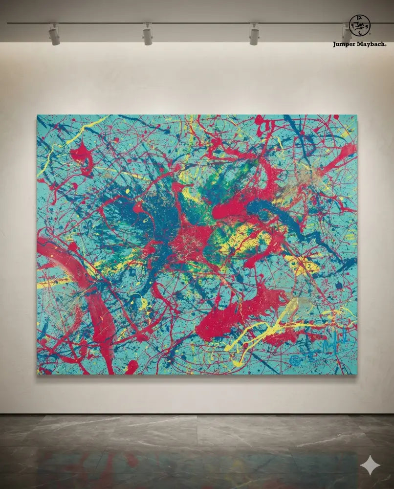 Original artwork "Gravity Dance" by Jumper Maybach, a vibrant abstract painting with dynamic colors and flowing shapes.
