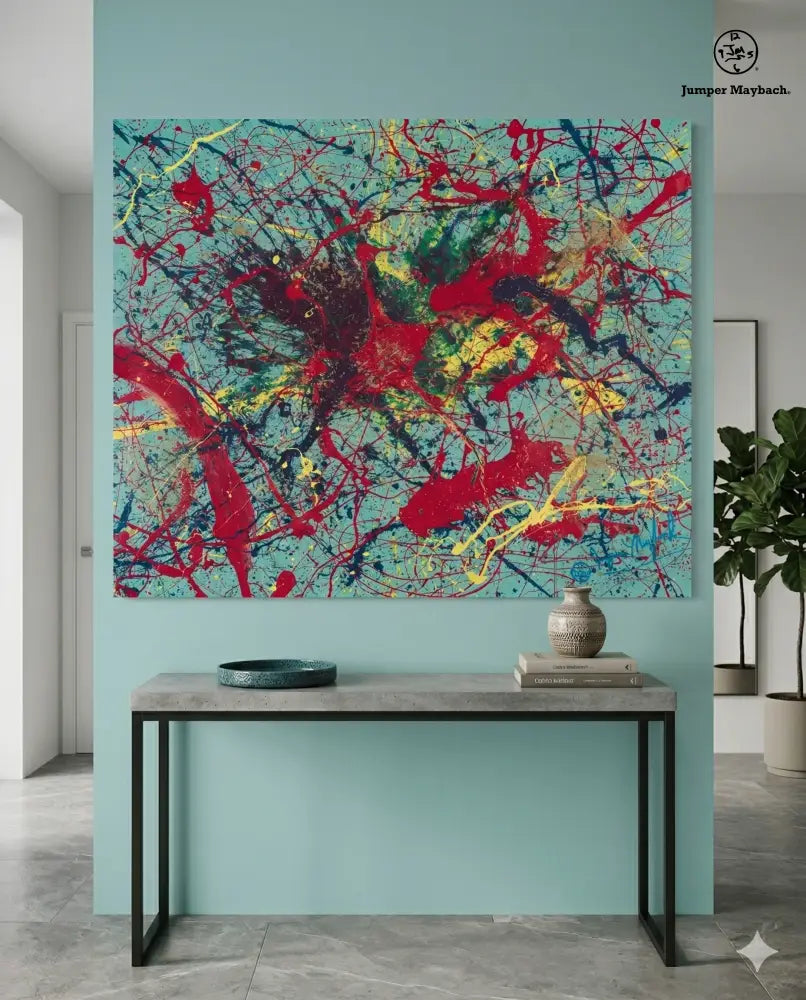 Original artwork titled Gravity Dance by Jumper Maybach, featuring a vibrant, abstract painting with flowing shapes and dynamic colors.