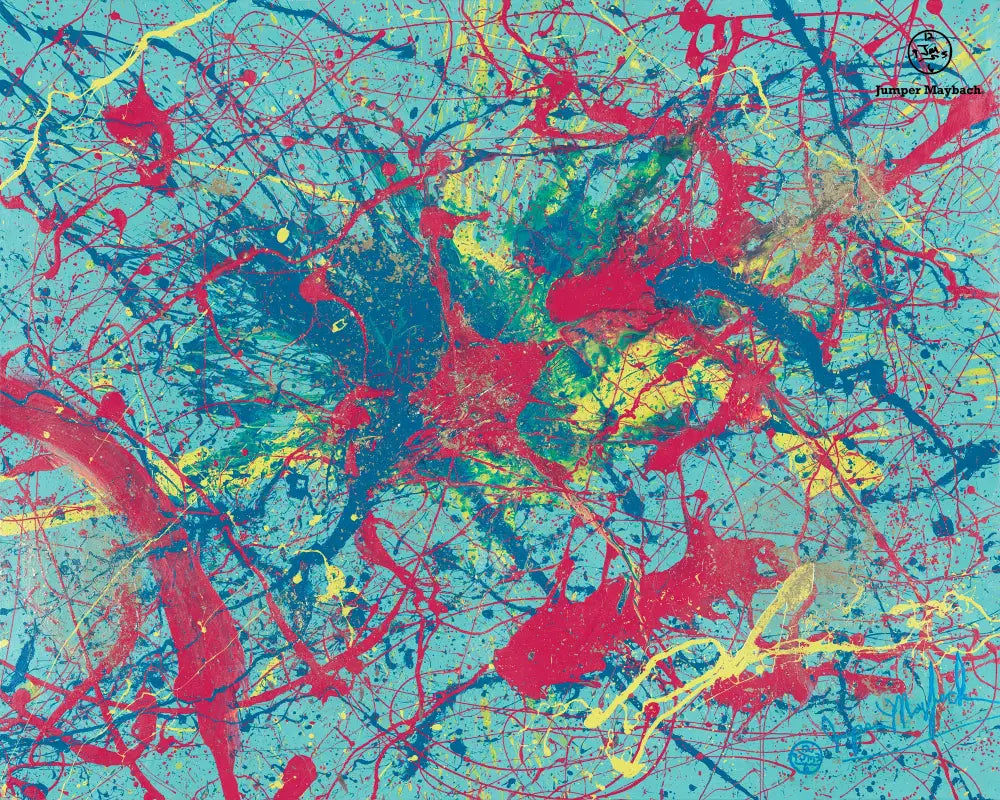 Original artwork titled Gravity Dance by Jumper Maybach, featuring vibrant abstract painting with dynamic brushstrokes.