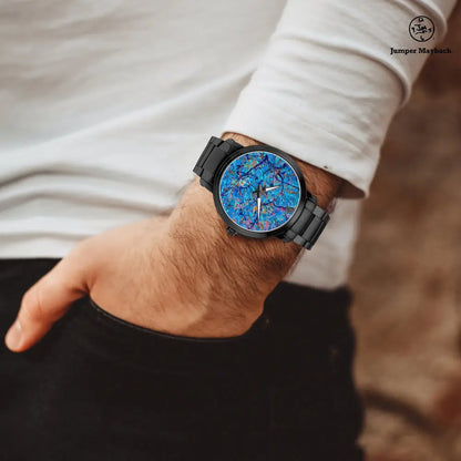 Harbor of Future Dreams steel strap automatic watch by Jumper Maybach with indicators, featuring a sleek metal band and modern design.