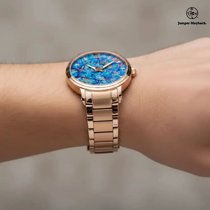 Side profile of Jumper Maybach Harbor of Future Dreams steel strap automatic watch with indicator features, by JetPrint Fulfillment.