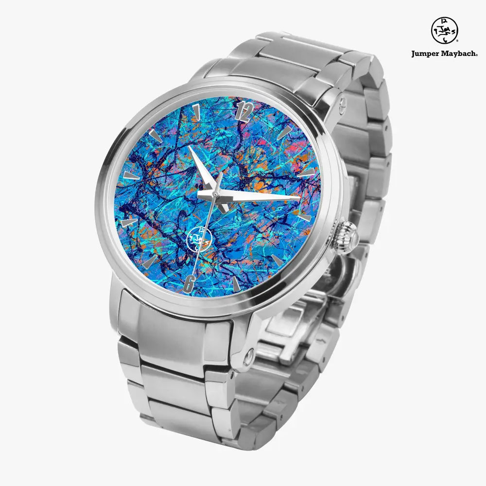 JetPrint Fulfillment Harbor of Future Dreams steel strap automatic watch by Jumper Maybach with indicators, close-up view of watch face and strap