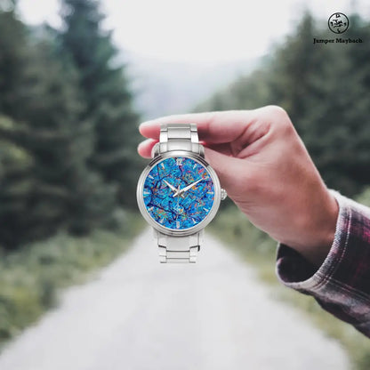 JetPrint Fulfillment steel strap watch featuring Harbor of Future Dreams design, automatic movement, and indicator details.