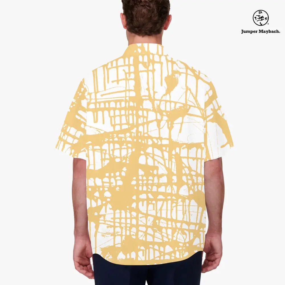 Honey Matrix Resort Jumper Maybach® unisex shirt, men's clothing with a vibrant honey-themed pattern, displayed on a hanger.