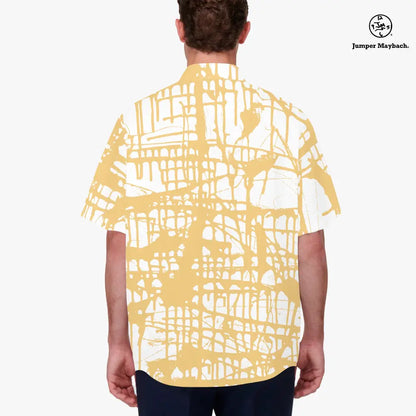 Honey Matrix Resort Jumper Maybach® unisex shirt, men's clothing with a vibrant honey-themed pattern, displayed on a hanger.