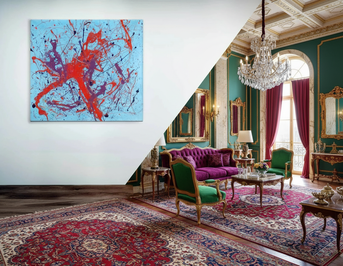 Luxurious living room with a purple sofa, green chairs, and a colorful abstract painting.