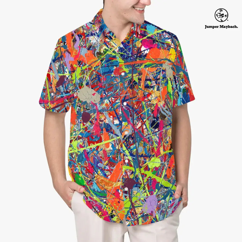 Plus size men's Infinite Candy Quasar Resort shirt by Jumper Maybach®, featuring colorful geometric patterns and relaxed fit.