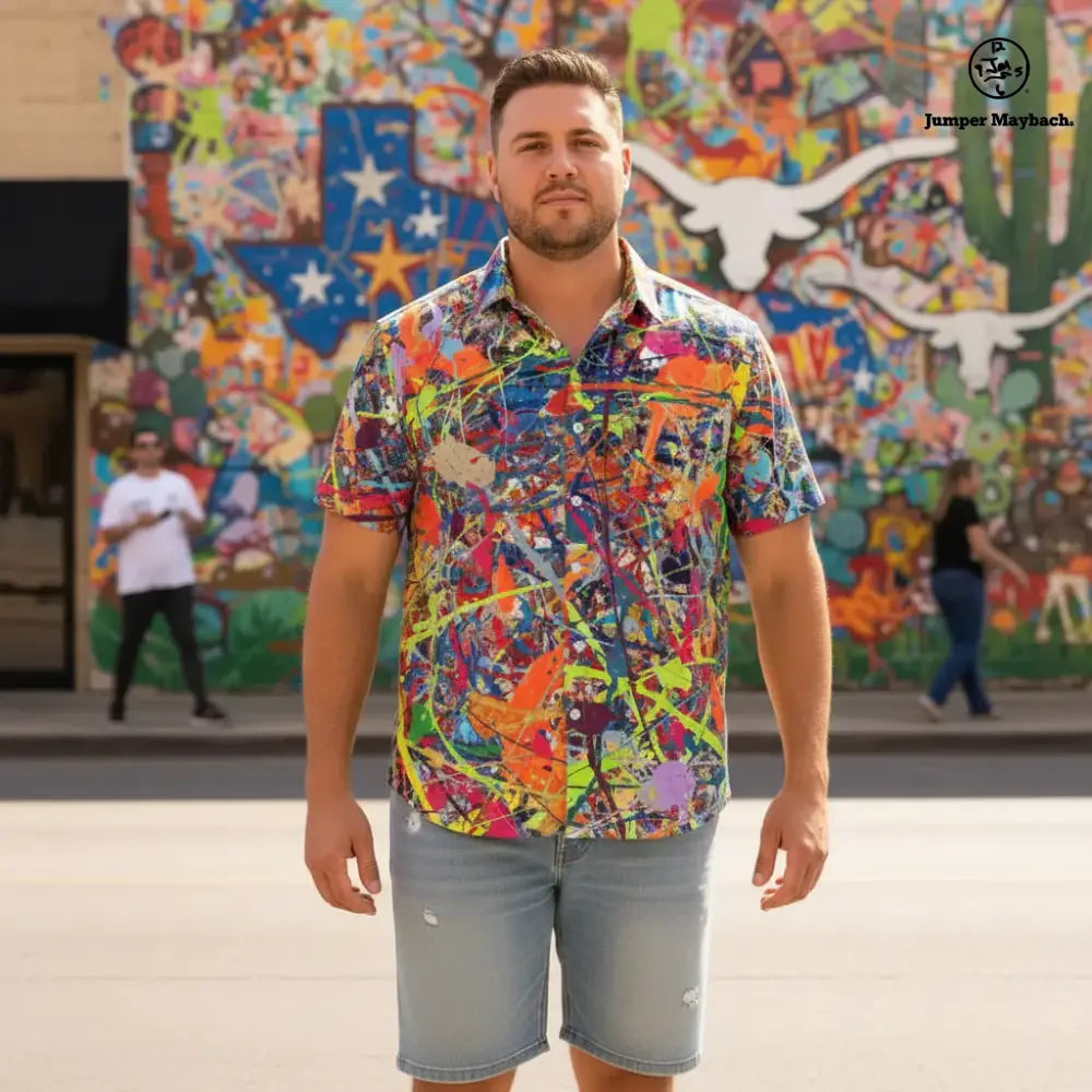 Plus size men's Infinite Candy Quasar resort shirt by Jumper Maybach, featuring bold, colorful graphic design and relaxed fit.