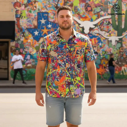 Plus size men's Infinite Candy Quasar resort shirt by Jumper Maybach, featuring bold, colorful graphic design and relaxed fit.