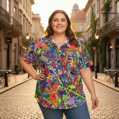 Infinite Candy Quasar plus size resort unisex shirt by Jumper Maybach, featuring bold, colorful cosmic print on men's clothing.