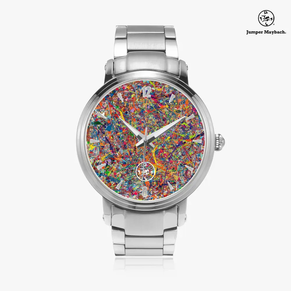 JetPrint Fulfillment Infinite Candy Quasar Steel Strap Automatic Watch with indicators, showcasing a sleek steel band and detailed dial.