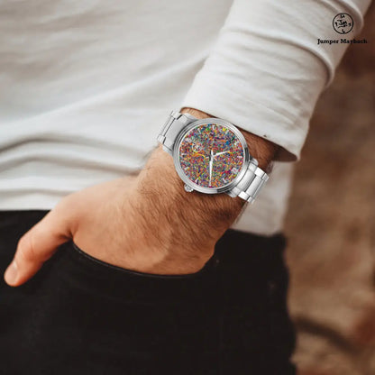 JetPrint Fulfillment Infinite Candy Quasar Steel Strap Automatic Watch with indicators, featuring a sleek steel band and modern design.