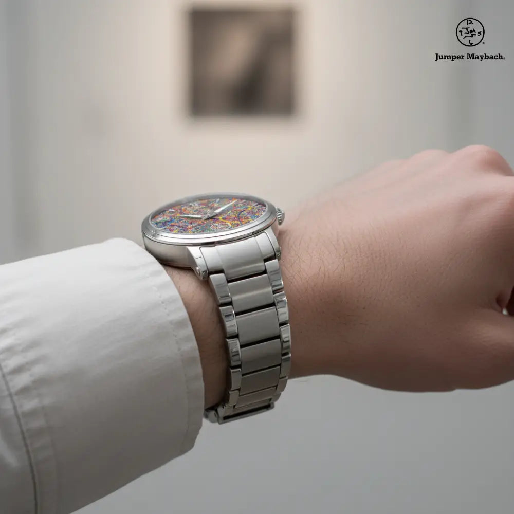 Side profile of JetPrint Fulfillment Infinite Candy Quasar Steel Strap Automatic Watch by Jumper Maybach® with indicator markers.