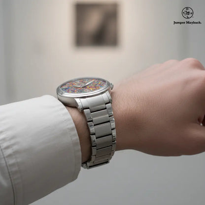 Side profile of JetPrint Fulfillment Infinite Candy Quasar Steel Strap Automatic Watch by Jumper Maybach® with indicator markers.