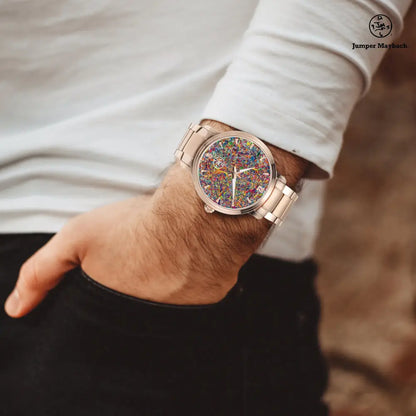 JetPrint Fulfillment Infinite Candy Quasar Steel Strap Automatic Watch with indicators, showcasing a sleek steel band and detailed dial.