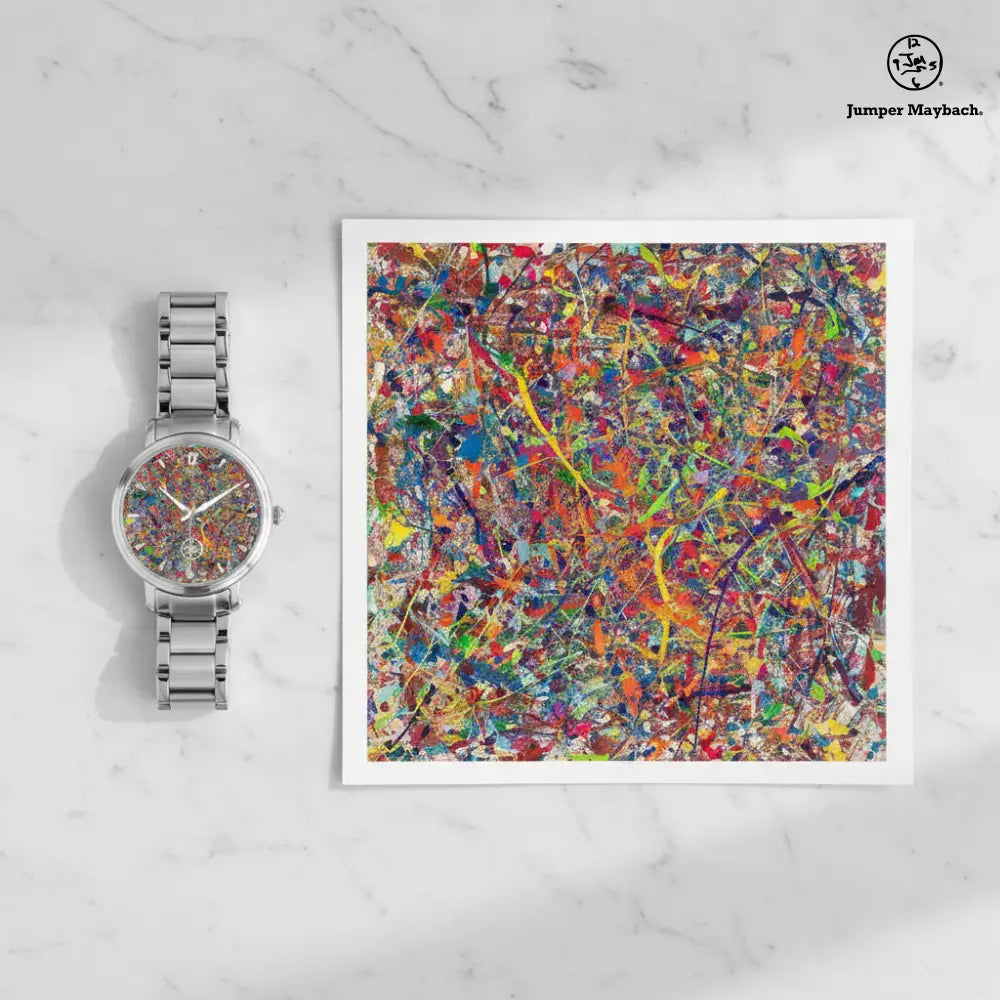 Flat-lay of Infinite Candy Quasar Steel Strap Automatic Watch by Jumper Maybach with indicators, featuring a sleek steel strap design.
