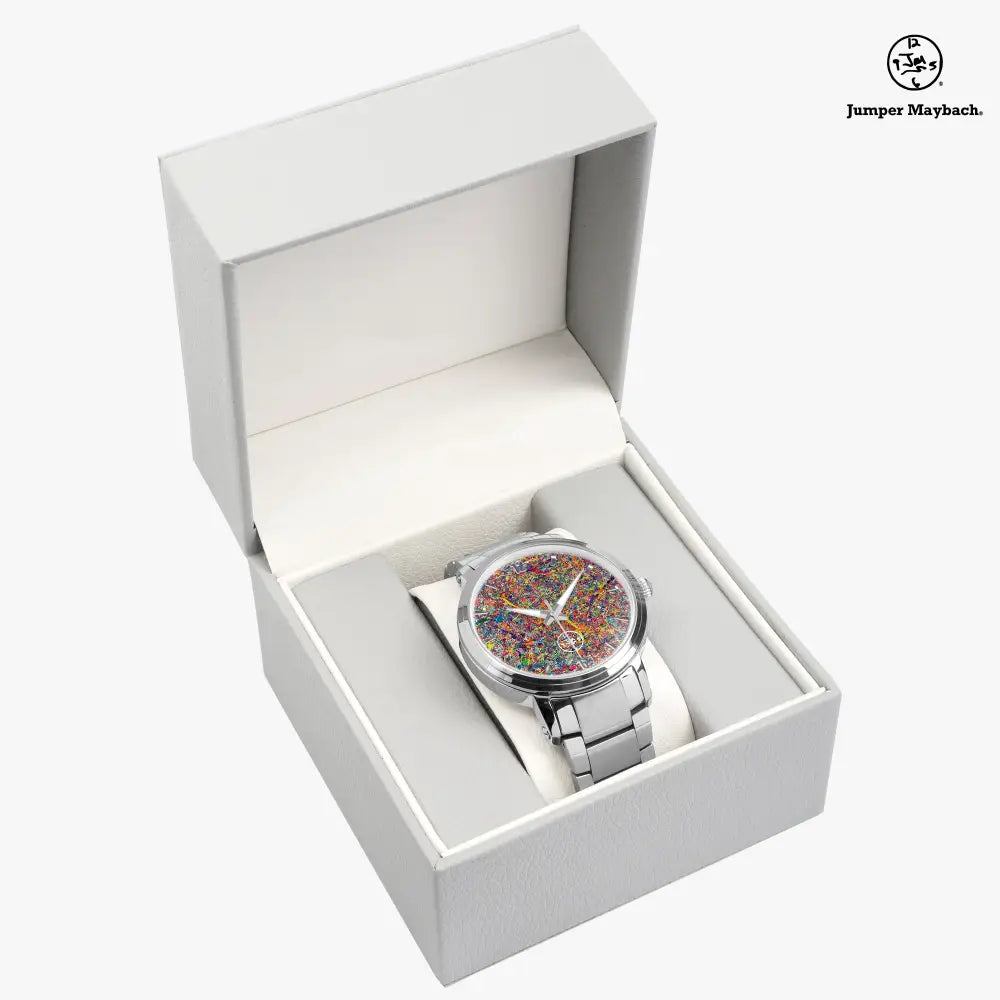 JetPrint Fulfillment Infinite Candy Quasar steel strap watch with automatic movement and time indicators, featuring a sleek strap design.